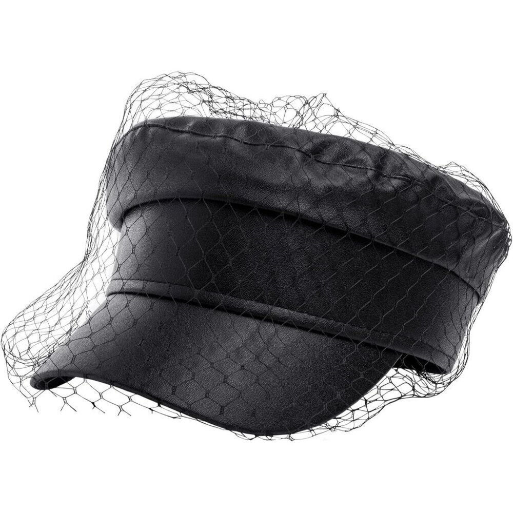 🔥 Sajuzen PU Leather Fiddler Cap Women Black Veil Casual Baker Boy Captain Hats